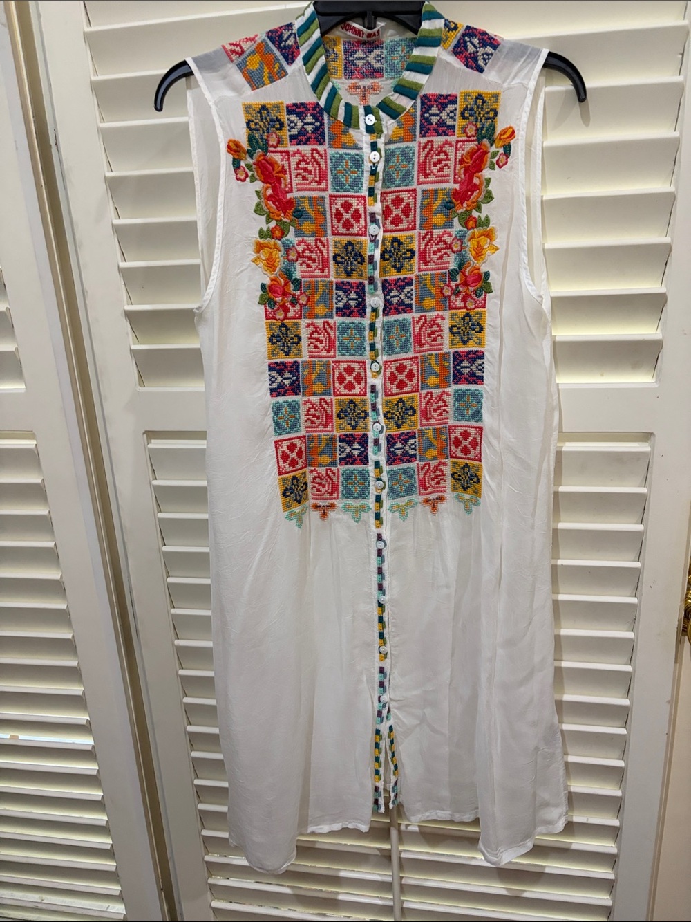 Johnny Was White Embroidered Button-Front Dress with Multicolor Floral Panels.